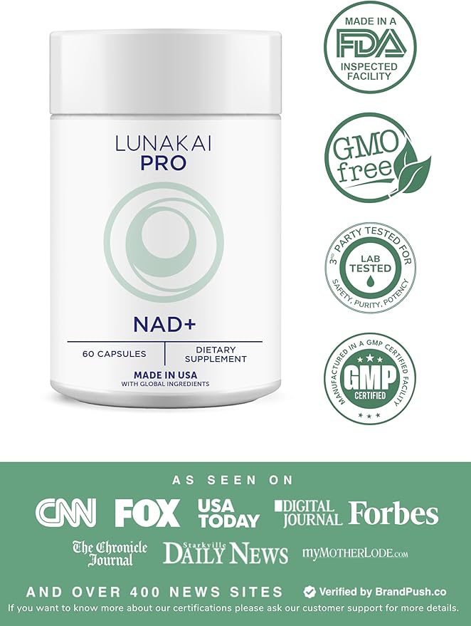 Lunakai PRO USA Made Dual-Pathway NAD+ Formula with NR &amp Resveratrol – Natural NAD Supplement for Women &amp Men – Healthy Aging &amp Cellular Health Support 60ct