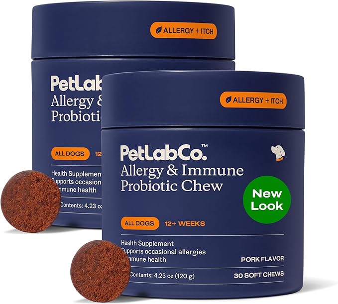 PetLab Co. Allergy &amp Immune Probiotics for Dogs Support Seasonal Allergies Gut &amp Digestive Health - Pork Flavor - 30 Soft Chews - Pack of 2 - Packaging May Vary