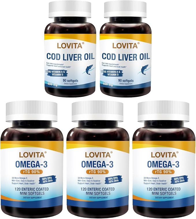 LOVITA Daily Wellness Bundle - 3 Fish Oil (120ct) &amp 2 Cod Liver Oil (90ct) High Potency Omega-3 with VIT A &amp D (5 Pc Set)