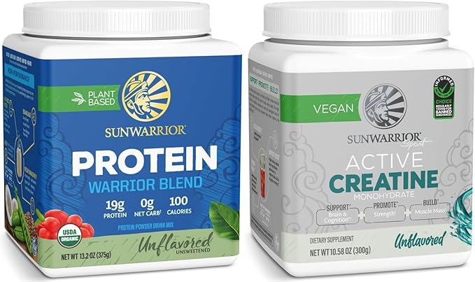 Sunwarrior Unflavored Creatine Powder &amp Organic Plant Based Protein Powder Set | Bundle &amp Save | Creatine Monohydrate Plus Vegan Organic Protein Supplements (60 Servings 15 Servings)