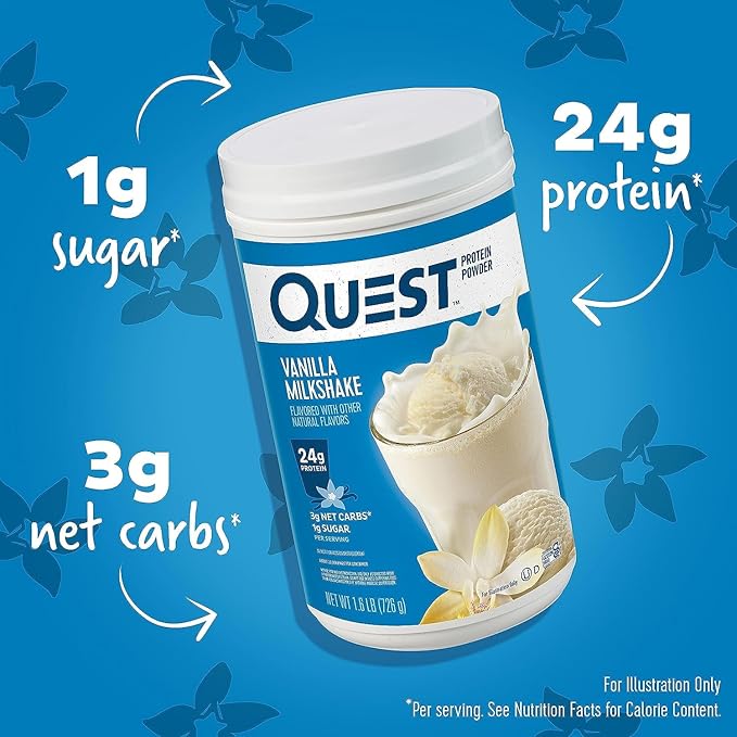Quest Vanilla Milkshake Protein Powder with 24g Protein Blueberry Muffin Protein Bars with 21g Protein 1.6lb Powder 12 Count Bars