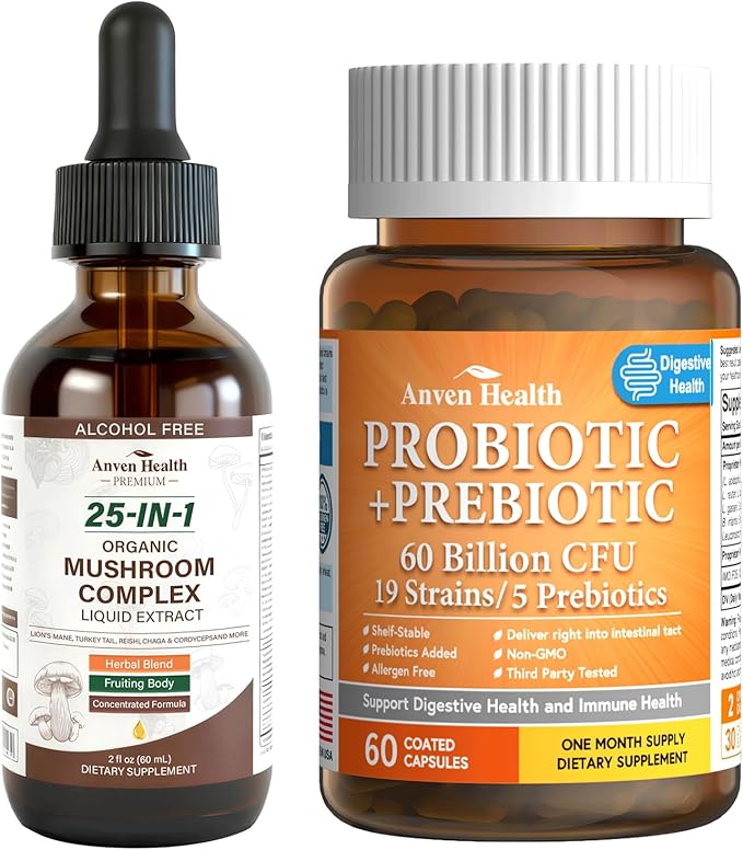 60 Billion Probiotic and Prebiotic for Women and Men 25-in-1 Organic Mushroom Complex Supplement Liquid Drops