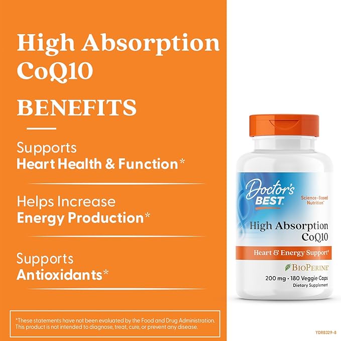 Doctor's Best High Absorption CoQ10 200mg with BioPerine Supplement - Coenzyme Q10 Caps for Heart Health &amp Antioxidant Support CoQ10 200 mg for Women &amp Men Non GMO - 180 Veg Capsules