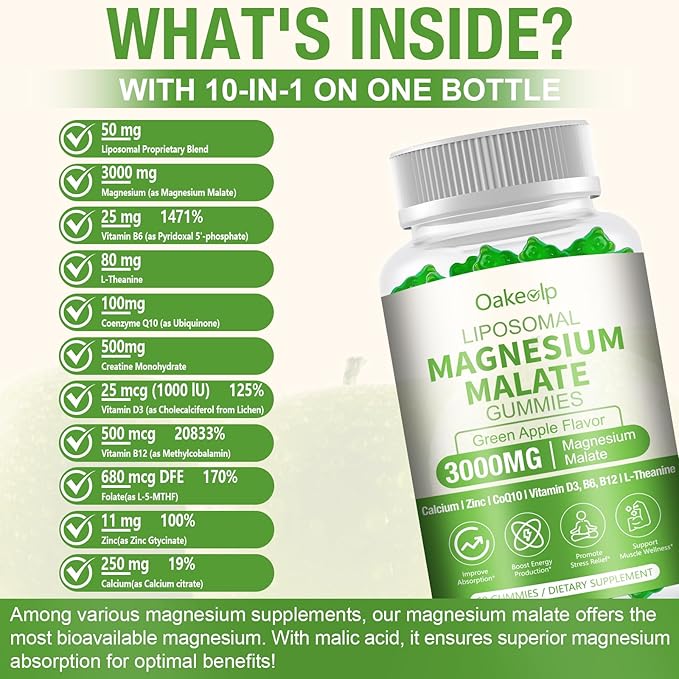 2 Pack Liposomal 3000mg Magnesium Malate Gummies SupplementComplex Creatine MonohydrateFolate Active B12 &amp D3 L-Theanine &amp CoQ10 for Stress ReliefMethylation Energy Muscle &amp Calm