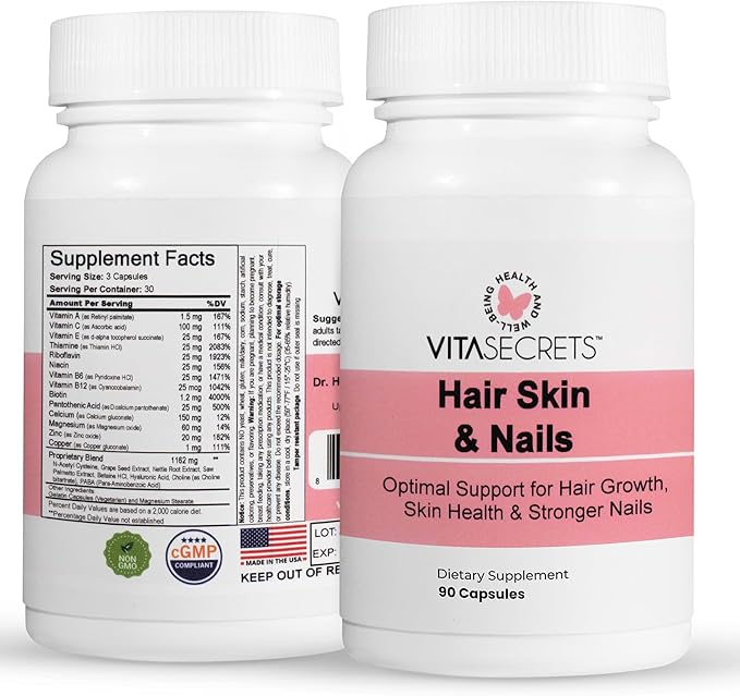 Vitasecrets Hair Skin &amp Nails Super Blend – 90 Capsules with Biotin Collagen and Hyaluronic Acid for Healthy Hair Glowing Skin and Stronger Nails – Non-GMO Gluten-Free Made in The USA
