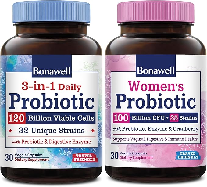Bonawell Probiotics 120 Billion &amp Probiotics for Women Bundle Digestion Immunity Women’s Health Probiotic 120 Billion Caps 30ct &amp Probiotics for Women Caps 30ct