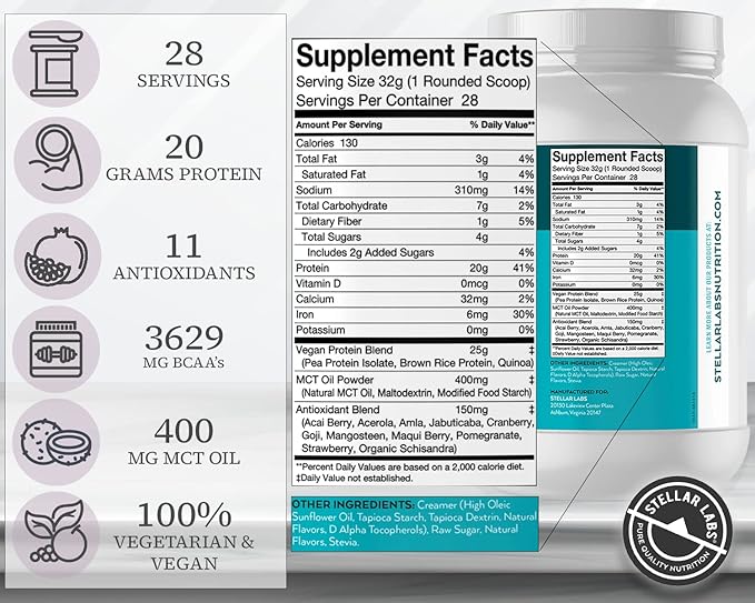 Stellar Labs Vegan Protein Powder with BCAA's &amp Antioxidants | Certified Low FODMAP Non GMO Gluten Free Soy Free Low Carb with Stevia | Lean Plant Based Protein Powder Shakes | Vanilla