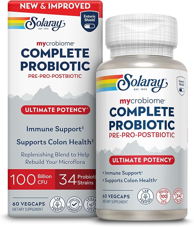 SOLARAY Mycrobiome Complete Probiotic Ultimate Potency - Pre and Probiotics for Women and Men Plus Postbiotic - 100 Billion CFU 34 Strains - Vegan - 30 Servings 60 VegCaps