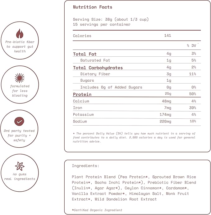 Plant-Based Protein Powder – Vanilla Spice 25g Organic Vegan Protein Prebiotic Fiber Easy to Digest No Gums Enjoy Warm