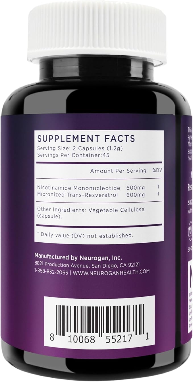 Neurogan NMN + Resveratrol Capsules – Cellular Health &amp Energy Support – 1200mg Nicotinamide Mononucleotide and Trans-Resveratrol per Serving 90 Count