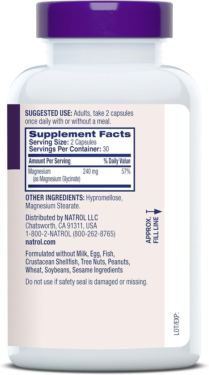 Natrol Magnesium Glycinate Supplements 240 mg - High Absorption - Calm Magnesium Glycinate for Sleep - 60 Capsules30 Day Supply(Pack of 2)