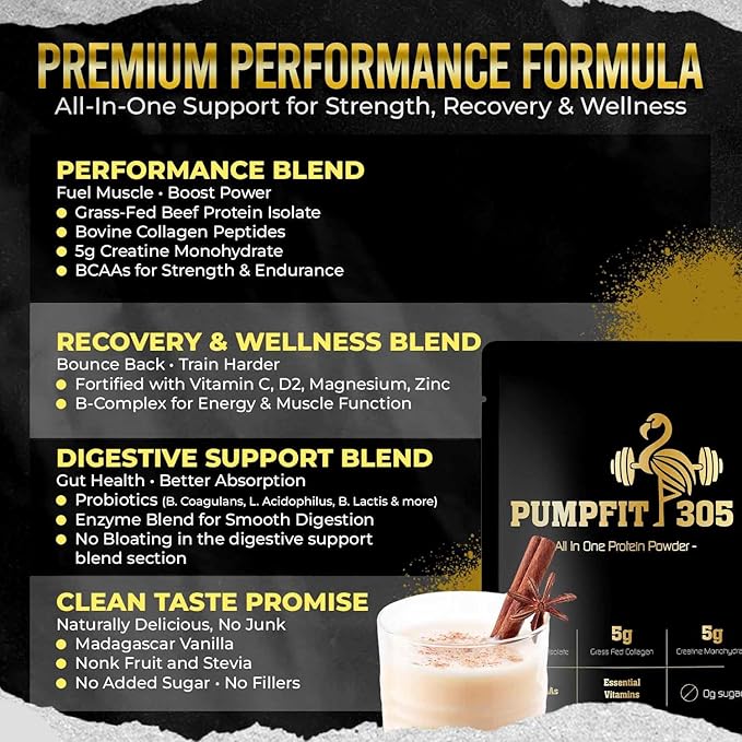 PUMPFIT305 ALL-in-ONE Grass Fed Beef Protein Isolate-41g Protein + 5g Collagen + 5g Creatine Monohydrate + 4g BCAAs Probiotics NO Bloat Muscle Recovery Post Workout Recovery - Vanilla 15 Servings