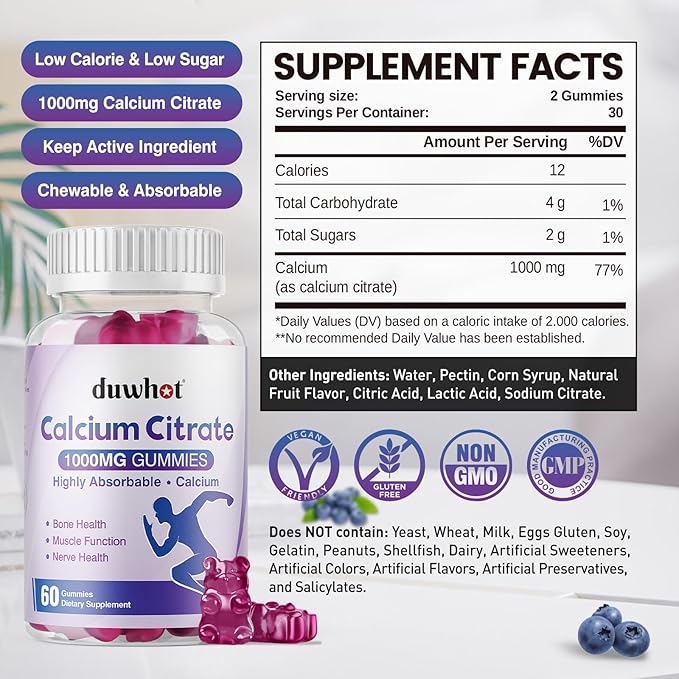 Calcium Citrate Gummies Chewable Calcium Citrate 1000mg for Bone Muscle &amp Immune Support Ultimate Absorption Calcium Supplements for Women &amp Men Blueberry 60 Chews