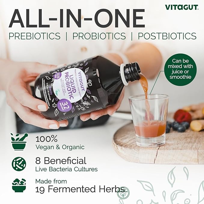 VITAGUT Liquid Probiotic Prebiotics &amp Postbiotics 3-in-1 Organic Live Probiotics for Women &amp Men - Probiotics for Digestive Health 50 Billion CFU 19 Fermented Herbs Vegan Probiotic for Gu