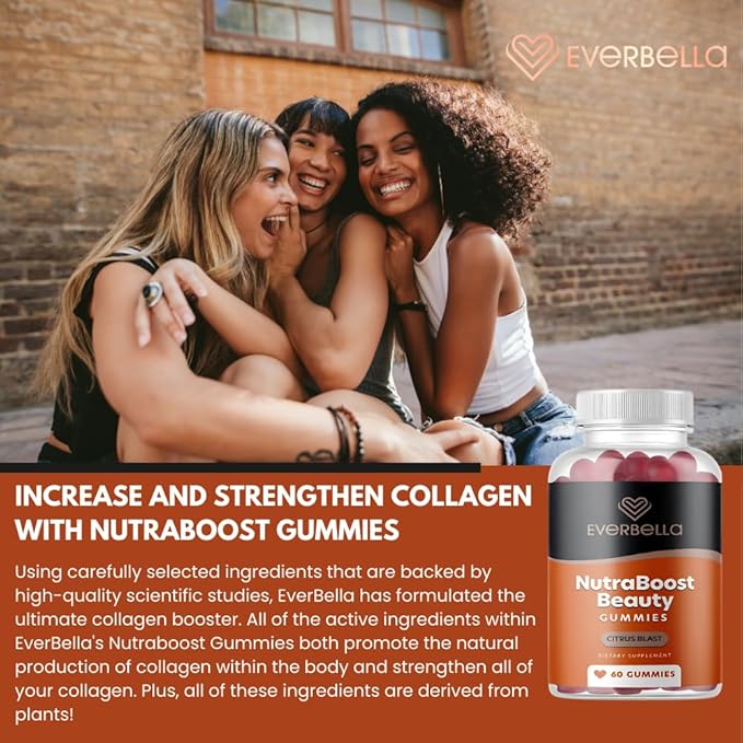 Nutraboost Beauty Gummies Vegan Collagen Booster Biotin Skin Hair and Nails Vitamin A E C Citrus Flavor 30 Day Supply Sugar-free