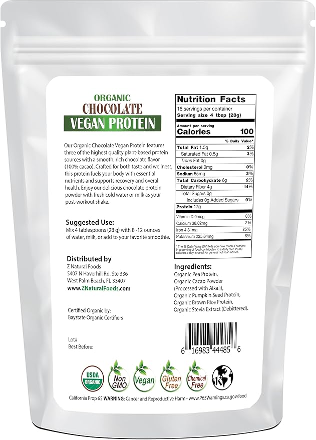 Organic Chocolate Vegan Protein Powder - Optimum Protein Blend Sourced From Pea Brown Rice and Pumpkin With Cacao To Give A Delicious Chocolate Flavor Boost Vegan Stevia Sweetened - 1 lb