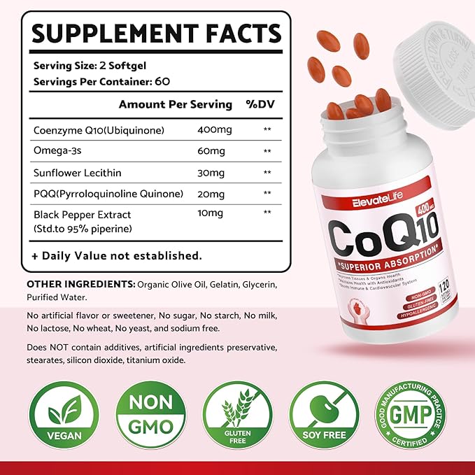 CoQ10-400mg-Softgels with PQQ BioPerine &amp Omega-3 Coenzyme Q10(Ubiquinone) Supplement for High-Absorption Powerful-Antioxidant Support Heart &amp Energy-Production 120 Servings