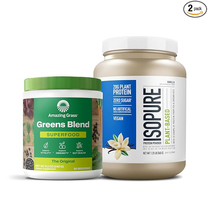 Bundle of Amazing Grass Greens Superfood Powder: Original 30 Servings + Isopure Vanilla Vegan Protein Powder Plant Based Organic Pea Protein Dairy Free 20 Servings (Packaging May Vary)