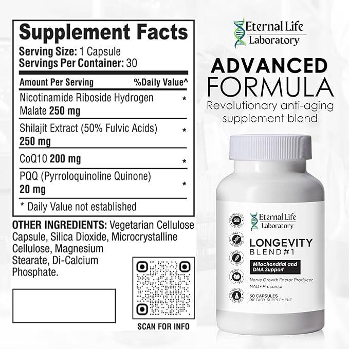 NAD+ Supplement with CoQ10 200mg PQQ Nicotinamide Riboside Shilajit for Anti Aging Skin &amp Cell Vitality Longevity Blend #1 Made with Pure Shilajit and NAD - 30 Veggie Capsules
