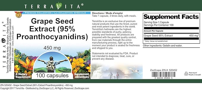 Grape Seed Extract (95% Proanthocyanidins) - 450 mg (100 Capsules ZIN: 520452) - 3 Pack