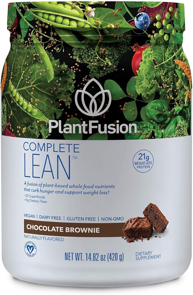 PlantFusion Complete Lean Plant Based Protein Powder - Prebiotic Fiber Superfoods &amp Digestive Enzymes - Vegan Gluten Free Soy Free Non-GMO - Chocolate Brownie 1 lb