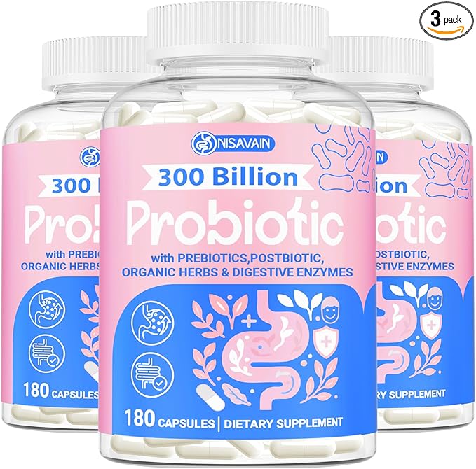 (180 Capsules) Probiotics for Women &amp Men 5-in-1 Probiotic Prebiotic Postbiotic Organic Herbs &amp 16 Digestive Enzymes Blend 300 Billion CFU Complete Gut Health Digestive Health &amp Imm