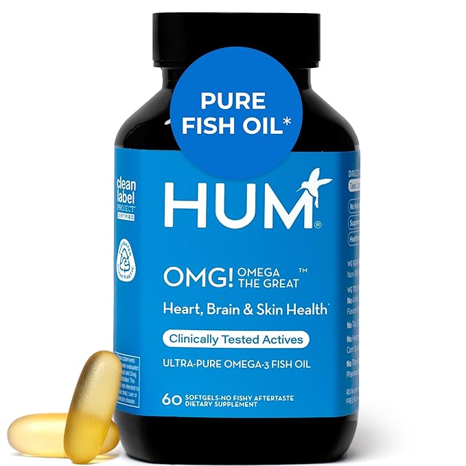 HUM OMG! Omega The Great Triple Omega 3 Fish Oil Supplement for Women &amp Men with Vitamin E DHA &amp EPA Skin Care &amp Skin Tone Support for Heart &amp Brain Health Gluten Free Non GMO 60
