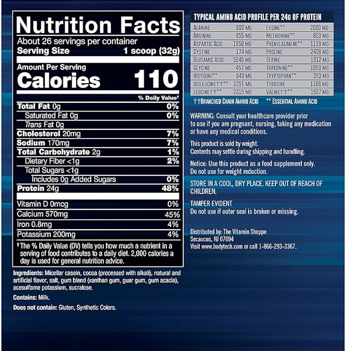 BodyTech Micellar Casein Protein Powder - Slow-Release for Overnight Muscle Recovery - 24g Protein per Serving - Rich Chocolate (2 lb)