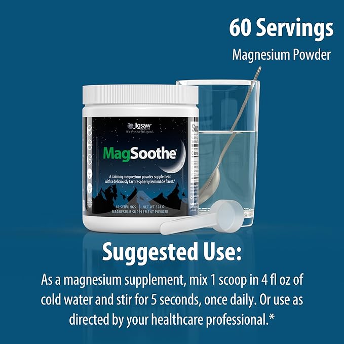 Jigsaw Health MagSoothe | Fast-Acting Calming Magnesium Glycinate Powder Supplement | Raspberry Lemonade Flavor | 60 Servings (Jar)
