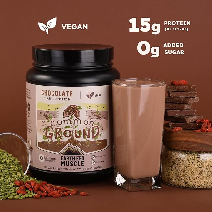 Earth Fed Muscle Common Ground Plant Protein – Chocolate Plant Protein Powder with MCT Powder with Soy &amp Gluten Free No Added Sugar - 30 Servings