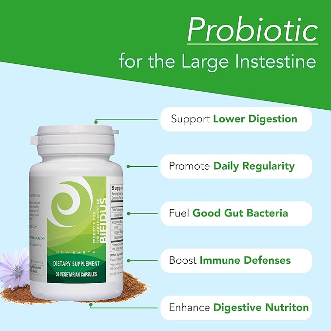 New Earth Bifidus - Probiotic for Large Instestine 30 ct - Bifidobacterium Bifidum &amp Prebiotic for Lower GI Support Gut Health &amp Regularity