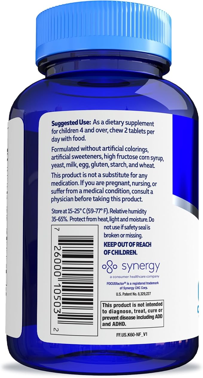 Focus Factor Kids Complete Daily Chewable Vitamins: Multivitamin &amp Neuro Nutrient (Brain Function) w/Vitamin B12 C D3-60 Count