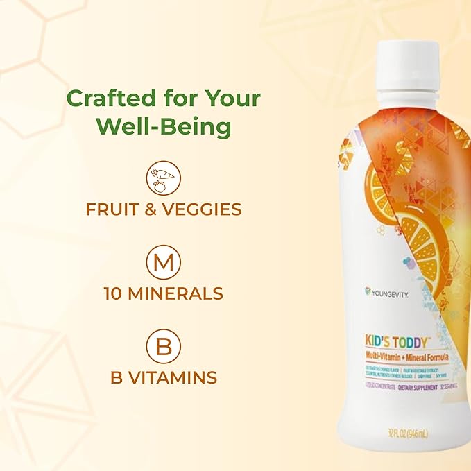Youngevity Kid's Toddy™ - Mega Multivitamin for Kids &amp Children Age 2+ - 14 Vitamins 10 Minerals Phytonutrient Blend - Highly Absorbable - Great Tasting Orange 32 Fl Oz (Pack of 1)