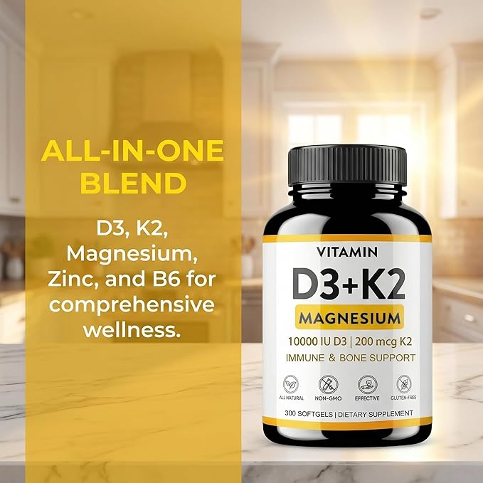 Vitamin D3 K2 Magnesium - Vitamin D3 10000 iu &amp K2（MK-7） 200 mcg+Magnesium Glycinate Supplement - Immune &amp Mood Support for Bone Sugar-Free Softgels 300 Softgels