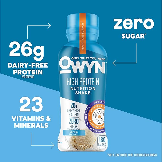 OWYN Only What You Need High Protein Shake Vanilla Flavored 26g Protein 0g Sugar 3g Fiber Dairy Free Plant Based Protein Drink 12 Count