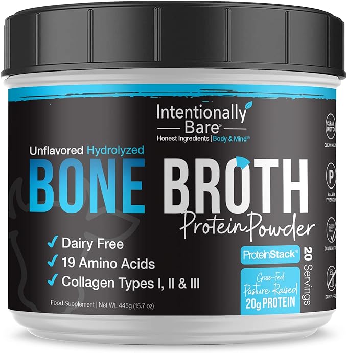 Intentionally Bare Bone Broth Protein Powder Unflavored - Grass Fed Protein Powder with Multi Collagen Peptides Type 1 2 and 3 - Dairy Free Bone Broth Powder for Skin Gut and Joint - 20 Servings