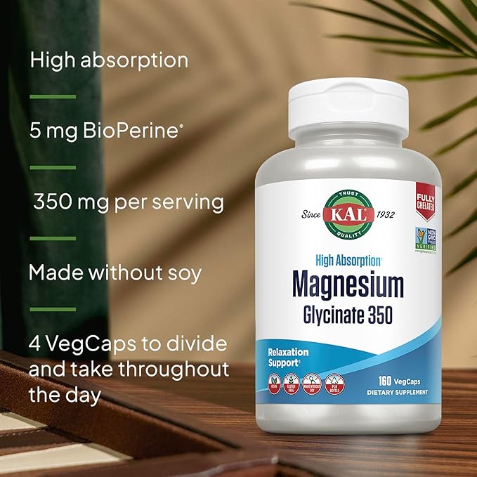 KAL Magnesium Glycinate Capsules Fully Chelated Magnesium Bisglycinate High Absorption Magnesium Supplement Healthy Bones Muscle Relaxation and Stress Support Non-GMO 160 count