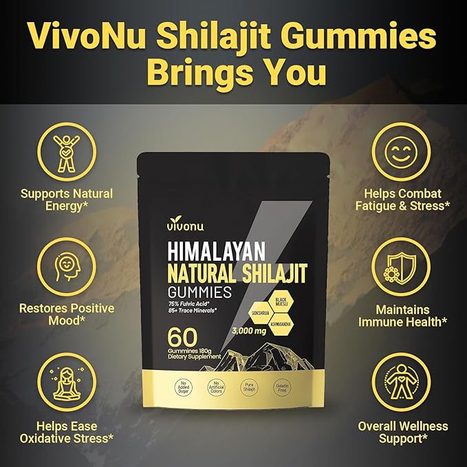 VivoNu Himalayan* Shilajit* Gummies with Ashwagandha* &amp Gokshura | 85+ Trace Minerals &amp Fulvic Acid | Organic Micronutrient Supplement for Men &amp Women-3000mg | 4000mg (3000 mg / 1 Packet