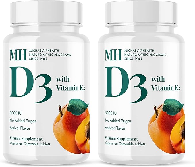 Michael's Health Naturopathic Programs Vitamin D3 with K2 - 90 Chewable Tablets Pack of 2 - Apricot Flavor - Skeletal &amp Immune System Support - No Added Sugar - Vegetarian - 180 Total Servings