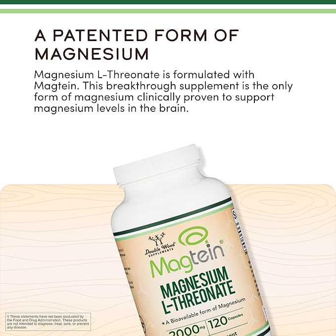 Magnesium L Threonate Magtein Sleep and Cognitive Support – High Absorption – Most Bioavailable Form of Magnesium – 2000 mg – 120 Capsules