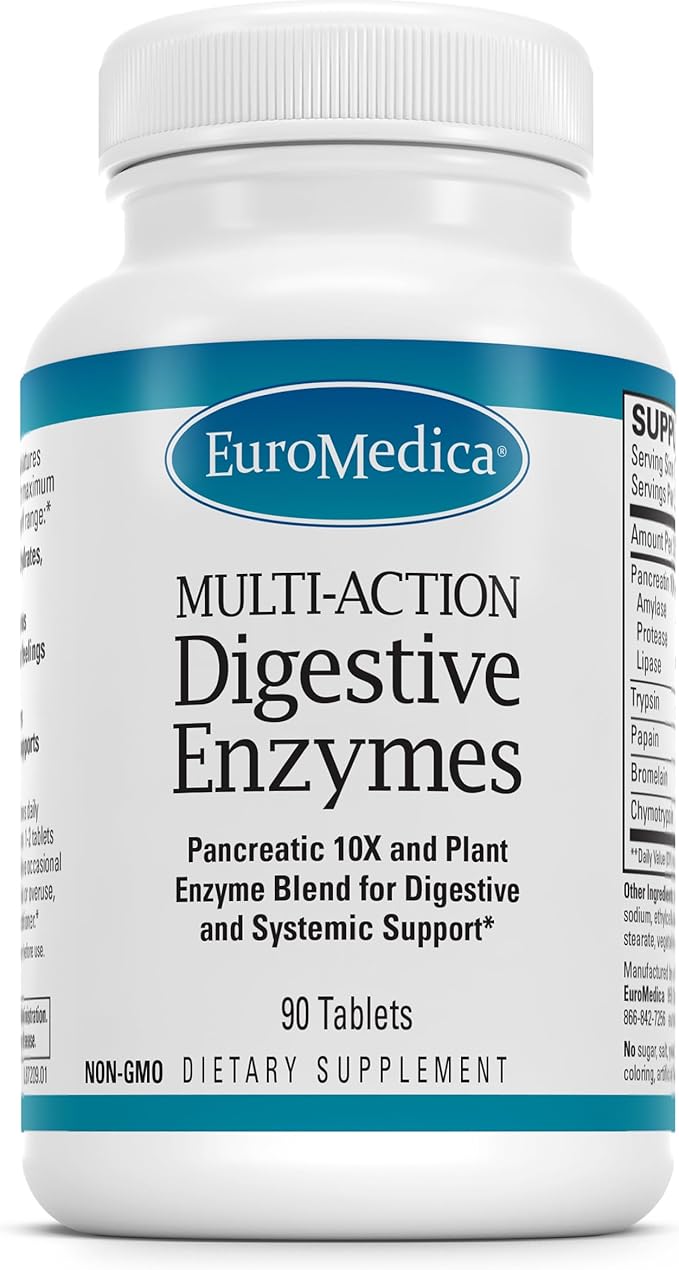 EuroMedica Multi-Action Digestive Enzymes - Digestion Supplement for Nutrient Absorption - Includes Undiluted Pancreatic Enzymes - Gluten-Free Dairy-Free &amp Non-Soy - 90 Tablets (45 Servings)