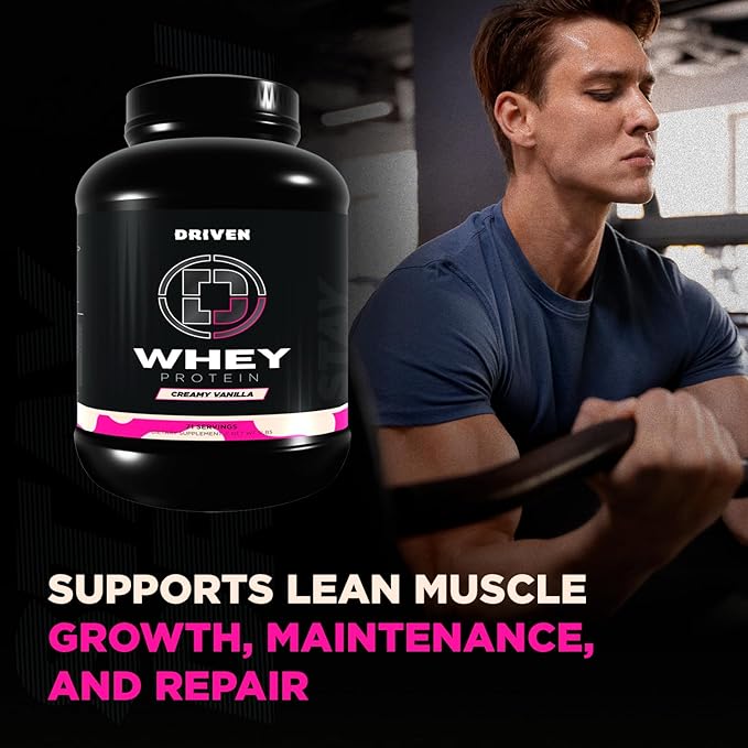 Driven WHEY- Grass Fed Whey Protein Powder: Delicious Clean Protein Shake- Improve Muscle Recovery with 23 Grams of Protein with Added BCAA and Digestive Enzymes (5 lb Creamy Vanilla)