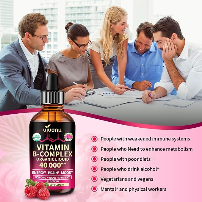VivoNu Vitamin B Complex Liquid Drops Vitamins B12 B6 B1 B2 B3 B5Methyl Folate with Vitamin C A E D Support Energy Raspberry Flavor Natural Ingredient Non GMO