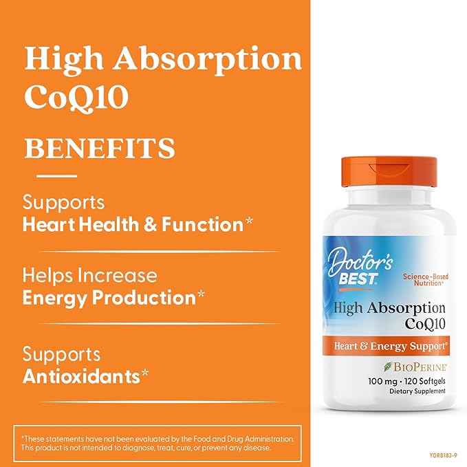 Doctor's Best High Absorption CoQ10 with BioPerine Supplement - Coenzyme Q10 Softgels for Heart Health &amp Antioxidant Support Naturally Fermented CoQ10 100mg for Women &amp Men Non GMO - 120 Sof