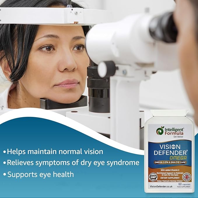 VISION DEFENDER OMEGA Eye Supplement: Care and Relief for Dry Eyes Improve Eye Health- High Strength 1000mg Pure Omega-3 Fish Oil (400mg EPA 200mg DHA per capsule)+Vitamin E (60 Softgels) Made in UK