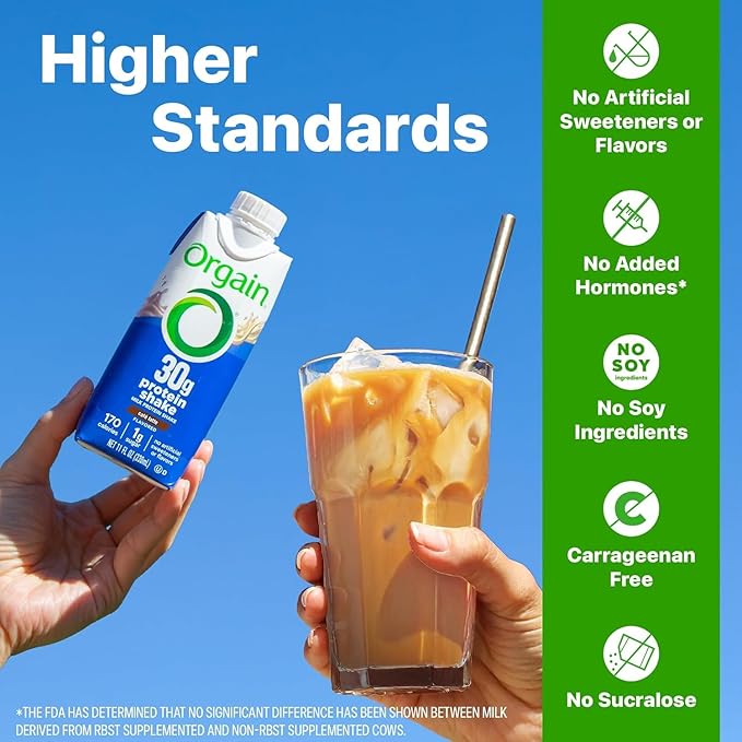 Orgain 30g High Protein ShakeCafé Latte5g BCAAs1g Sugar Per ServingCaffeine from 1 Cup of CoffeeMilk IsolateMeal ReplacementReady to DrinkKeto FriendlyGluten-Free 11 Fl Oz(Pack of 24)
