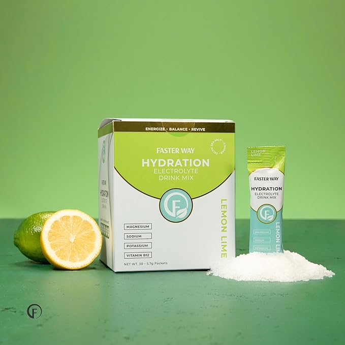 Faster Way - Hydration - Electrolyte Drink Mix - With Apple Cider Vinegar Choline Probiotics &amp Natural B Vitamins - Energize &amp Revive - Powder Packets - Zero Sugars -Gluten Free -Lemon Lime