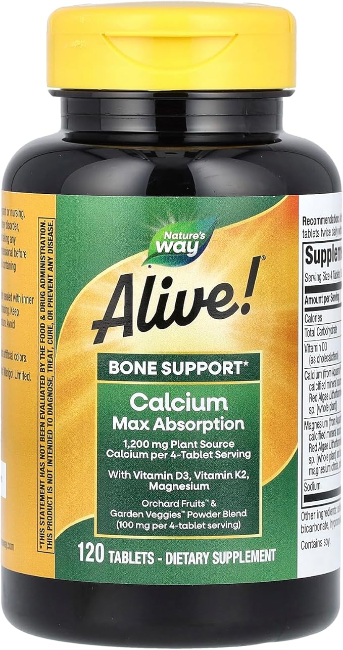 Nature’s Way Alive! Calcium Bone Support Tablets* Max Absorption Calcium Supplement with Vitamins D3 K2 &amp Magnesium Promotes Bone Health and Bone Density* Gluten Free 120 Tablets