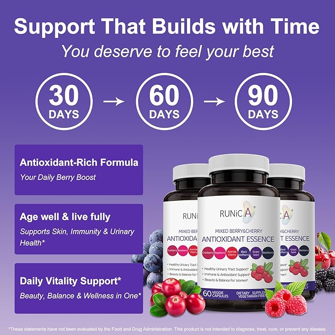 6X 6-in-1 Mixed Berry &amp Cherry Antioxidant Supplement - Urinary Tract Health &amp Immune Support - 180 Vegan Capsules 90-Day Ultimate Supply