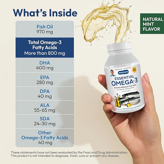 ANDREW LESSMAN Essential Omega-3 Mint - 180 Softgels - Ultra-Pure High Potency Omega-3 Oils. High DHA No Stomach Upset No Contaminants No Mercury. Small Easy to Swallow Softgels
